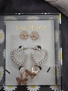 bebe Rose Gold Flower, Silver Heart & Rose Gold Butterfly Earring Set